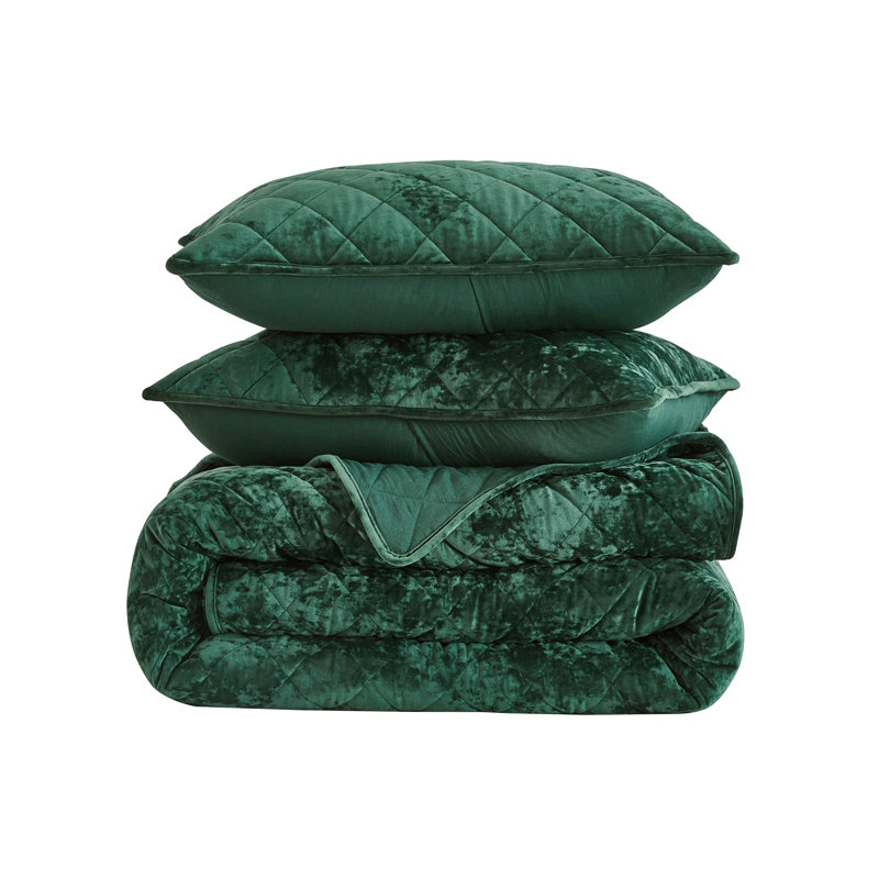 Forest Green Queen Velvet Quilt Set with Reversible Shams