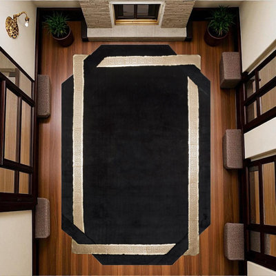 Black Gold Greek Border Plush Rug, Custom Size Soft Fluffy Carpet_5X7.5Ft