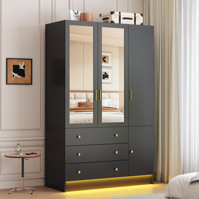Armoire-penderie 75 po à 3 portes avec 3 tiroirs, armoire en bois avec lumières DEL et miroir, armoire de rangement pour vêtements autoportante avec tringle, tablettes réglables
