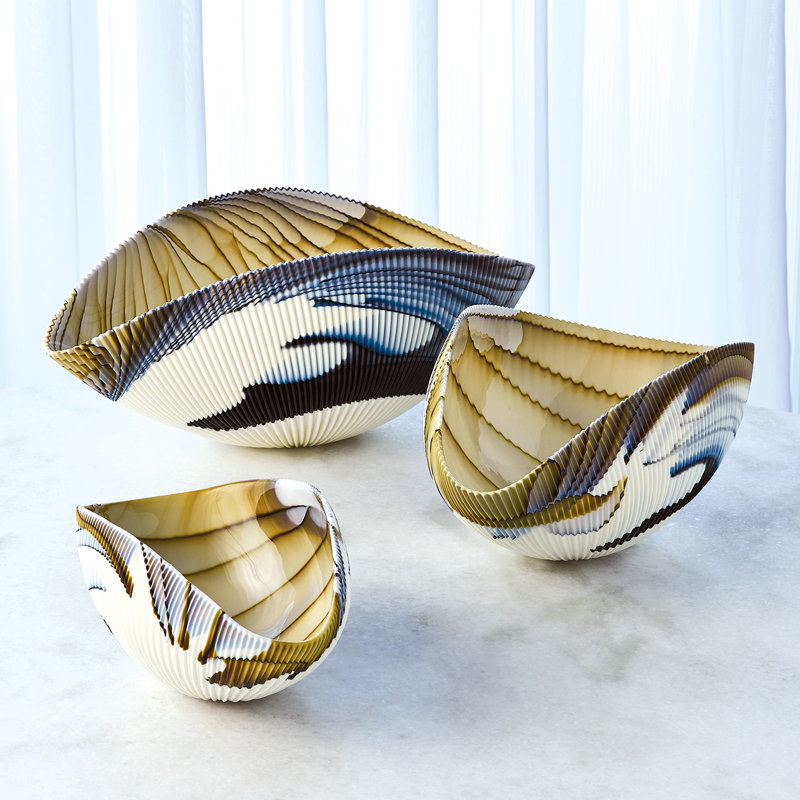 Pleated Bowl-Amber/Blue Filigree, 5" H x 6" W x 12" D