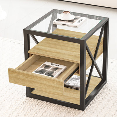 Ensemble de 2 tables de bout modernes avec tiroir - Table de chevet pour chambre à coucher et salon, panneau de fibres à densité moyenne en bois naturel et plateau en verre trempé, table d'appoint de style industriel