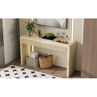 Console rustique avec 3 tiroirs cannelés - Table d'entrée en placage de bois massif avec grain de bois naturel pour le salon, le couloir