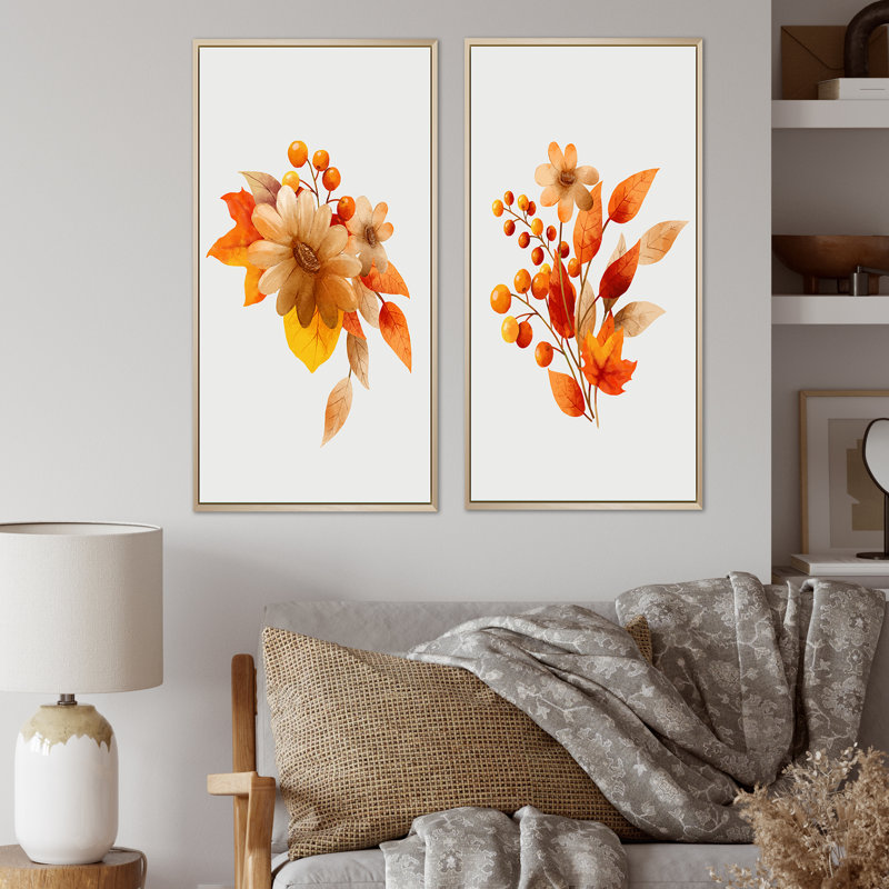 Ensemble de 2 impressions graphiques - Feuilles botaniques orange et fleur I, H 40 po x l 40 po x P 1,5 po