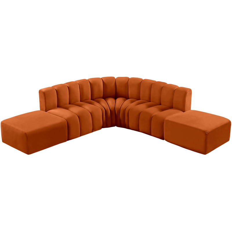 Issic Upholstered Curved Sectional with Ottoman Reversible, Cognac Velvet