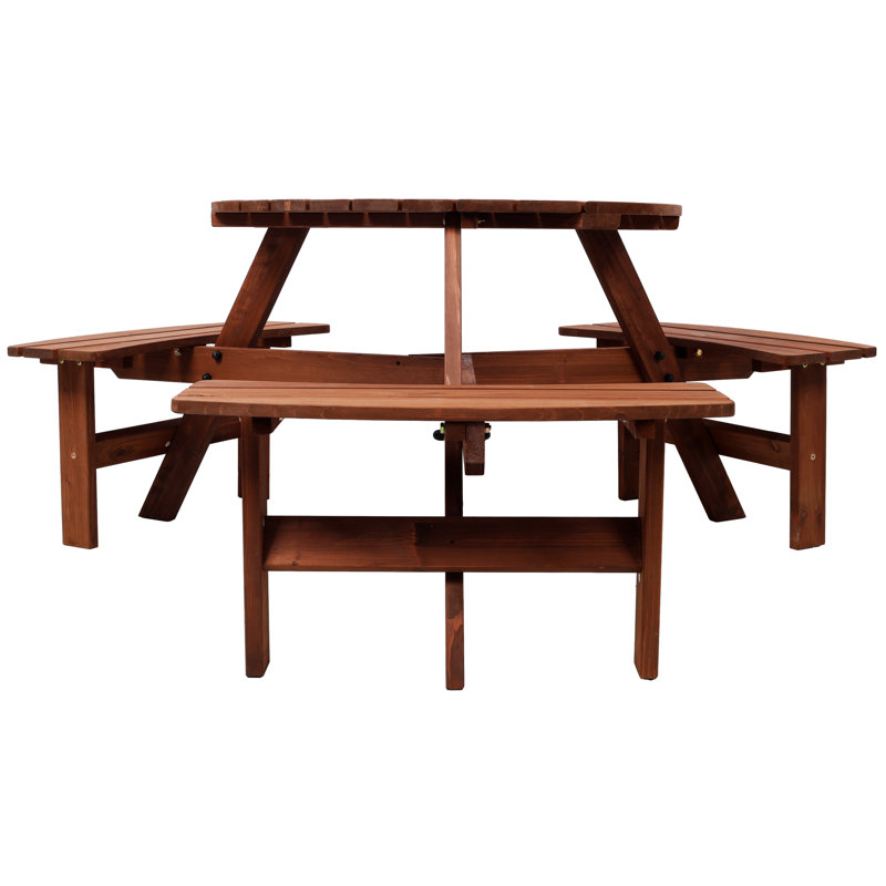 6 Person Round Wood Picnic Table With 3 Built-In Benches And Umbrella Hole
