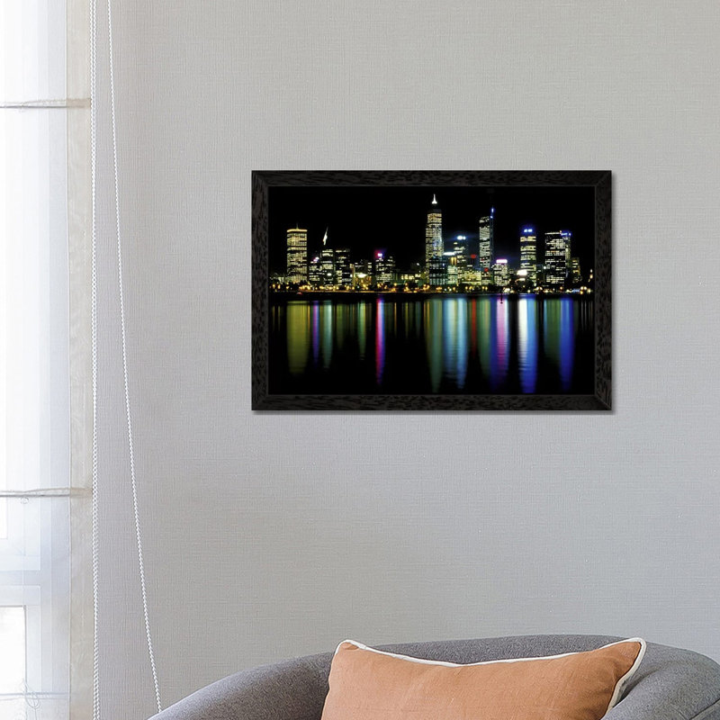 Downtown City Lights - Print on Canvas, 101.6 cm H x 66.04 cm W, Black Floater Framed