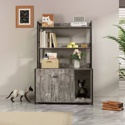 Grand bac à litière pour chat avec rangement, étagère pour chat caché, maison pour chat en bois avec bloc-notes, armoire pour chat robuste avec 2 portes