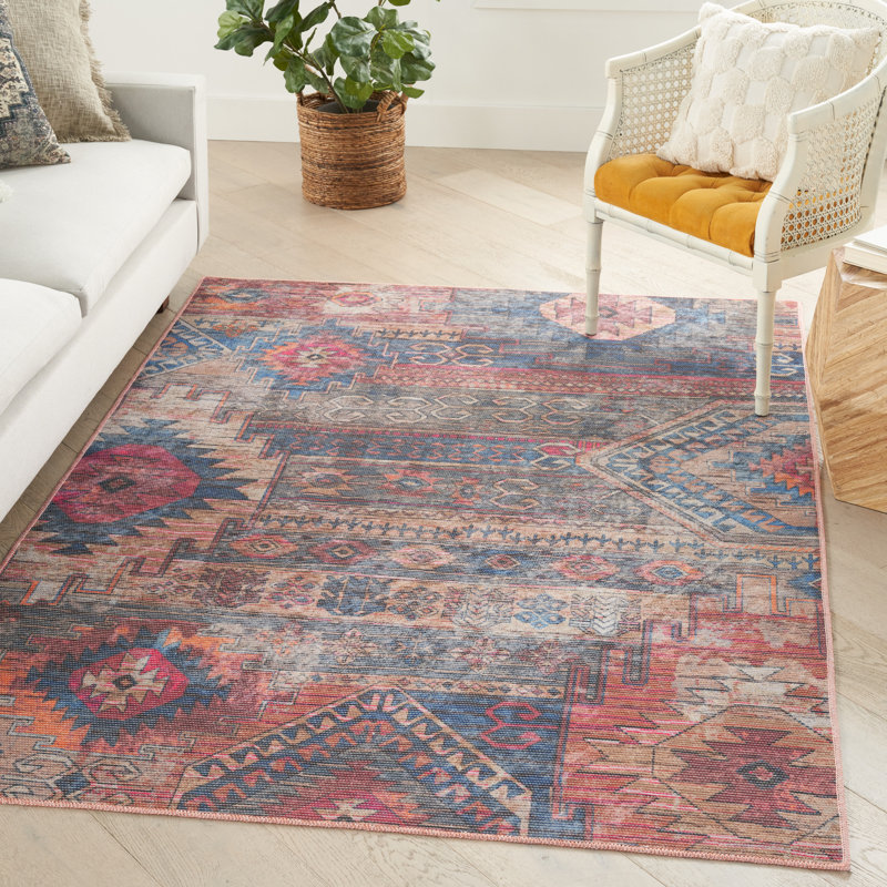 Machine Washable Southwestern Blue/Red Area Rug, Rectangle 6' x 9'