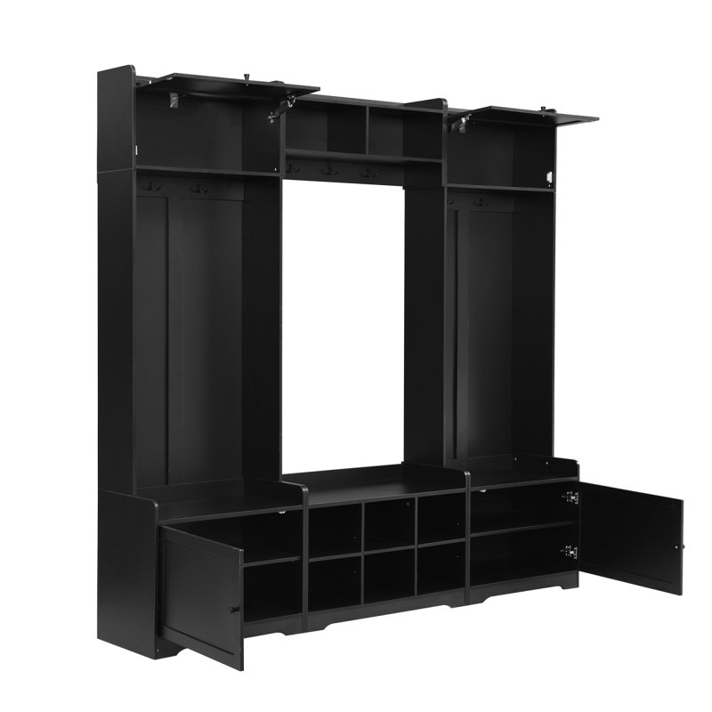 VIBE HAUS 79.1''Wide Modern Hall Tree With Shoe Storage, 4In1 Entryway Bench With 8 Cubbies, 7 Coat Hooks & Adjustable Shelf For Hallway, Living Room, Black