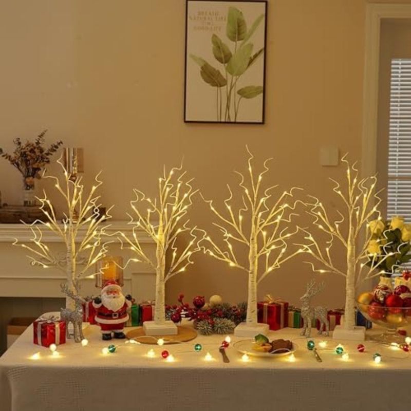 Ensemble de 4 sapins lumineux avec minuterie, lampe de table en forme de bouleau blanc de 60 cm (24 DEL) pour décoration intérieure, idéale pour un anniversaire, Thanksgiving, un mariage ou comme petit sapin de Noël.