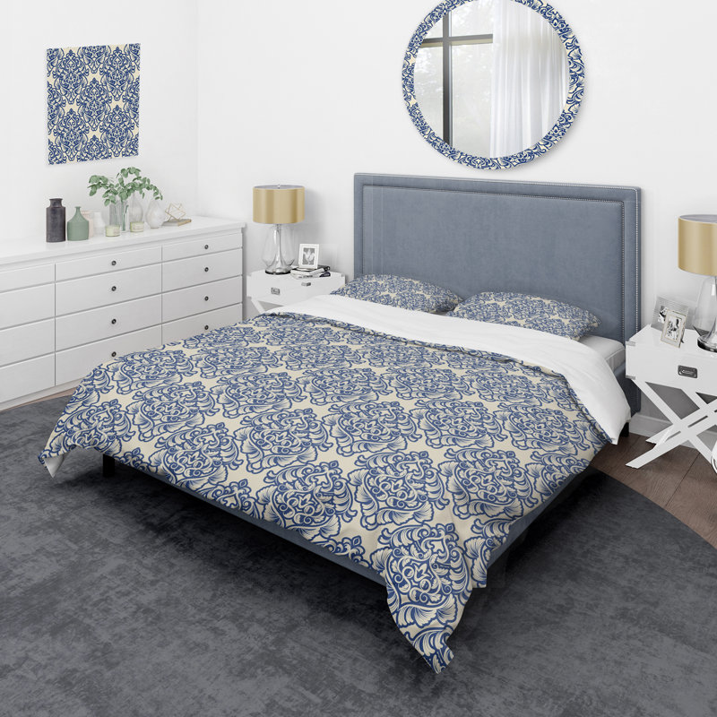 Blue Damask - Abstract Duvet Cover Set - Microfiber Polyester, Twin Duvet Cover + 1 Standard Sham