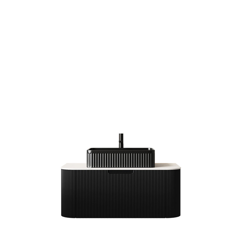 Meuble-lavabo 36 po avec armoire à rayures flottantes, lavabo rectangulaire noir, sans robinet, pré-assemblé, finition française 3D, contreplaqué haute résistance, rangement généreux, glissières de tiroir incurvées à fermeture douce