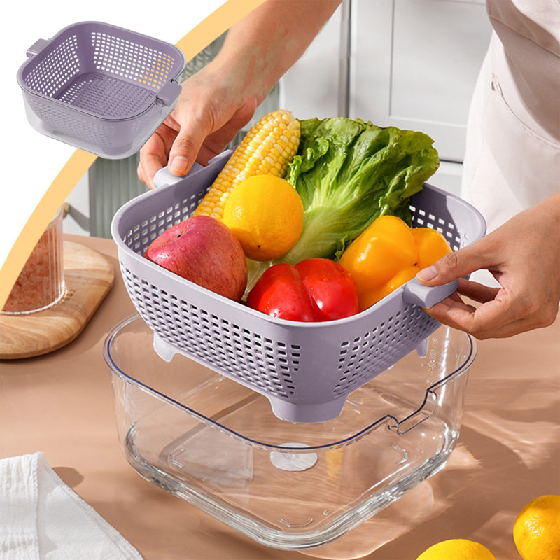 Panier de drain à double couche Panier de drain à double couche avec couvercle Panier de pique-nique pour fruits et légumes