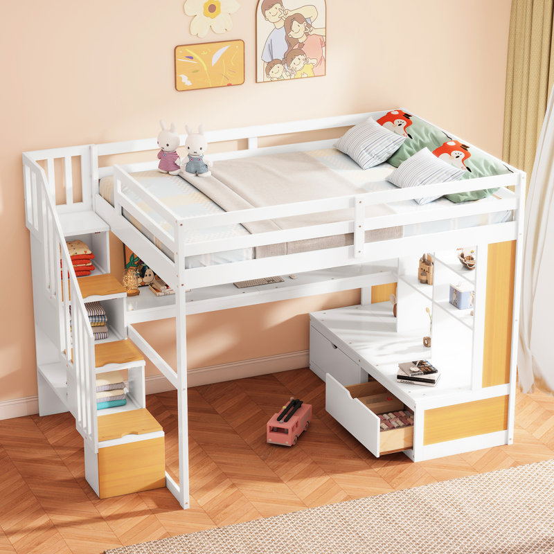 Lit mezzanine double avec bureau, tablettes, tiroirs - luxe naturel blanc et escalier