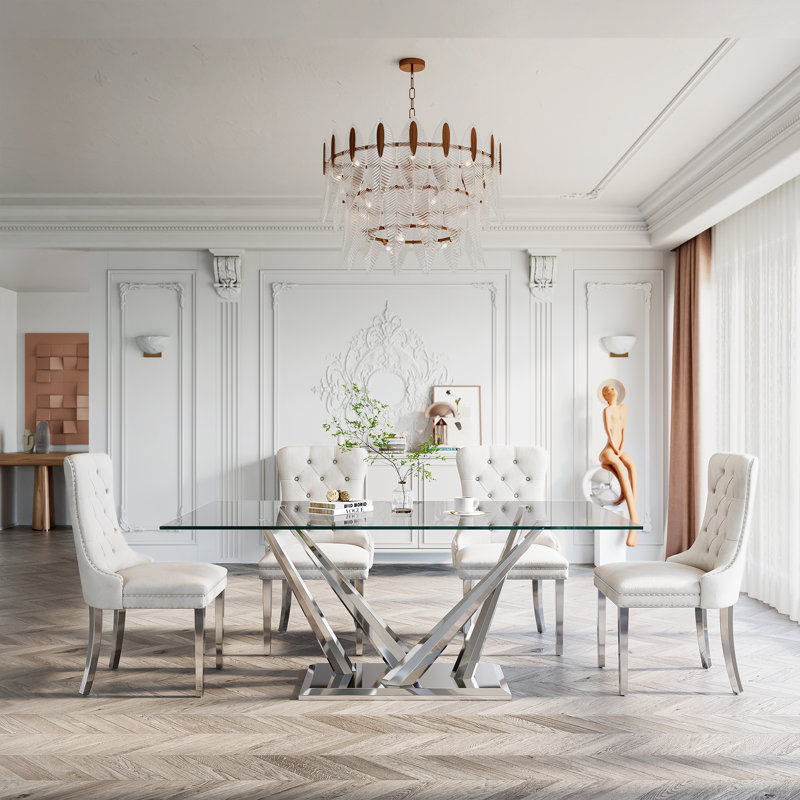 Table de salle à manger en verre avec base en verre et 4 chaises en velours, Blanc / argenté, Silver