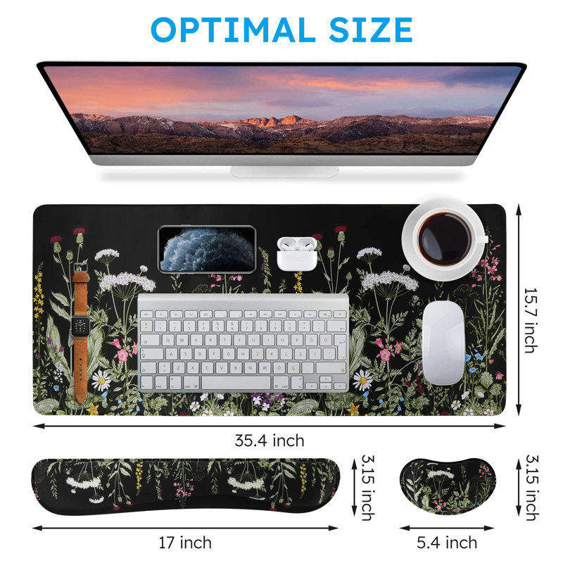 Large Mouse Pad For Desk, Computer Desk Mat, 3Pcs XXL Keyboard And Mouse Pad + Keyboard Wrist Rest, Desk Matt For Desktop, Easy Typing Pain Relief Ultra Thick Mousepad Keyboard Mat(Weeds)