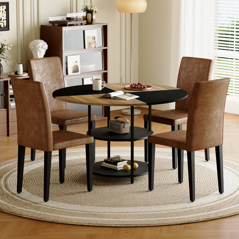 Ensemble de table et de chaises.Une table de salle à manger circulaire de couleur moderne épissée de 47,3 pouces de diamètre - rangement double couche.Avec 4 chaises de salle à manger en tissu brun, simples et polyvalentes, confortables.