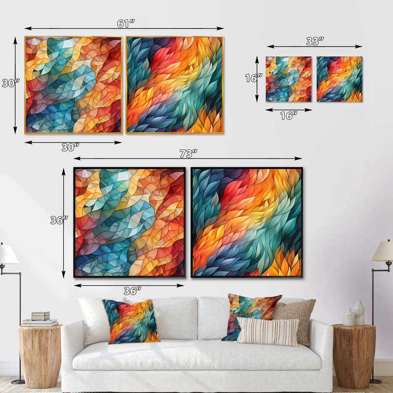 Ensemble de 2 mosaïques multicolores en verre - formes carrées abstraites, H 36 po x l 73 po, Toile tendue