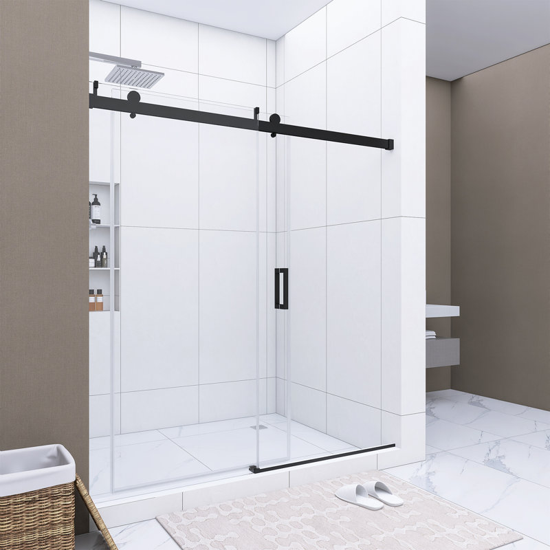 68 à 72 po X P 76 po H Porte de douche coulissante simple sans cadre au fini noir mat, Noir mat