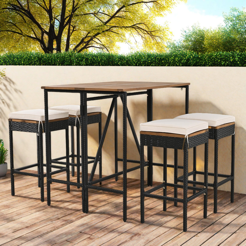 5-piece Outdoor Dining Table Sets Included 1 Foldable Table And Four Stools With Cushions