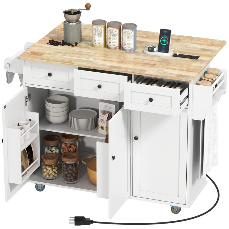 Îlot de cuisine roulant avec station de charge et abattant, table d'îlot de 53 po avec plateau en bois, 3 tiroirs, tablette réglable, support à épices et à serviettes, chariot de cuisine sur roulettes