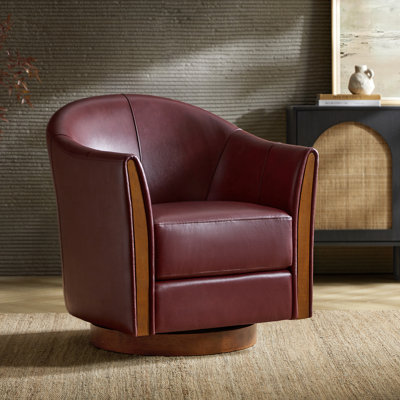 Pocono 29"W Transitional Genuine Leather Swivel Barrel Chair With Solid Wood Base