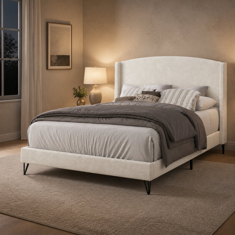 Lit plateforme tapissier Padilla Queen Boucle, Beige