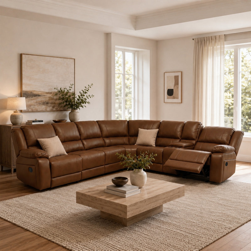 Canapé modulaire inclinable manuel en similicuir 6 places avec rangement et porte-gobelets, Light Brown