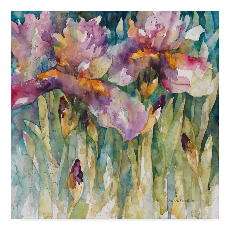Vibrant Purple Iris Watercolor Canvas Art 14" x 14"