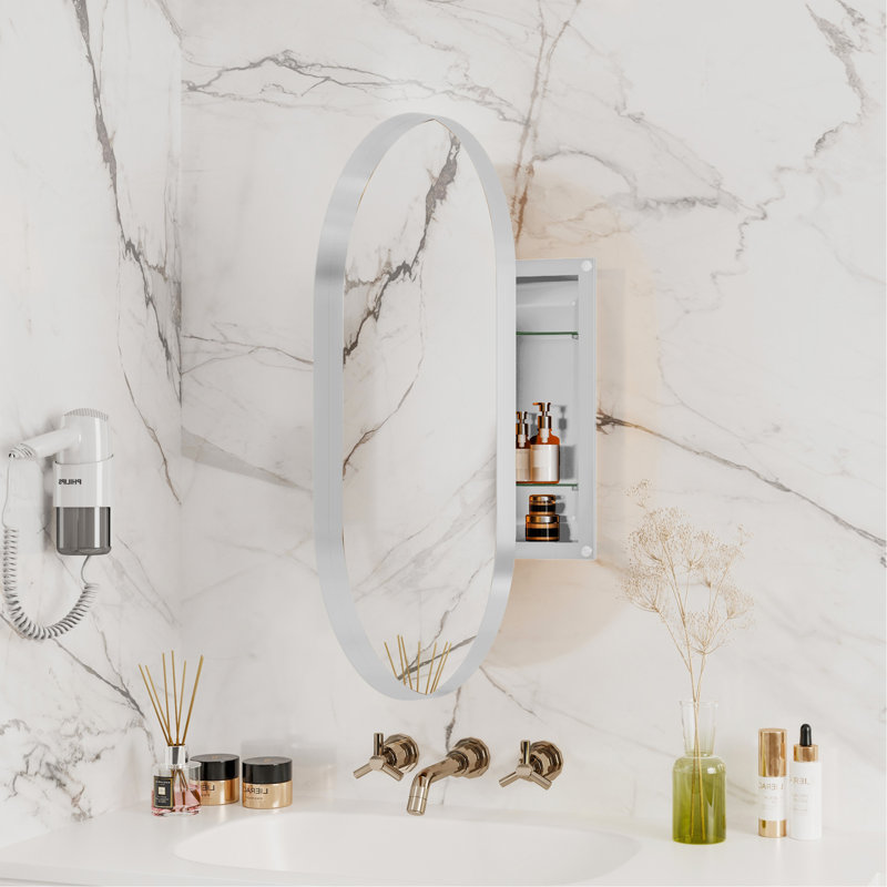20X34 Inch Oval Recessed Medicine Cabinet, Metal Framed Bathroom Wall Cabinet With Mirror And Adjustable Shelves, Wall Mirror With Storage For Bathroom, White