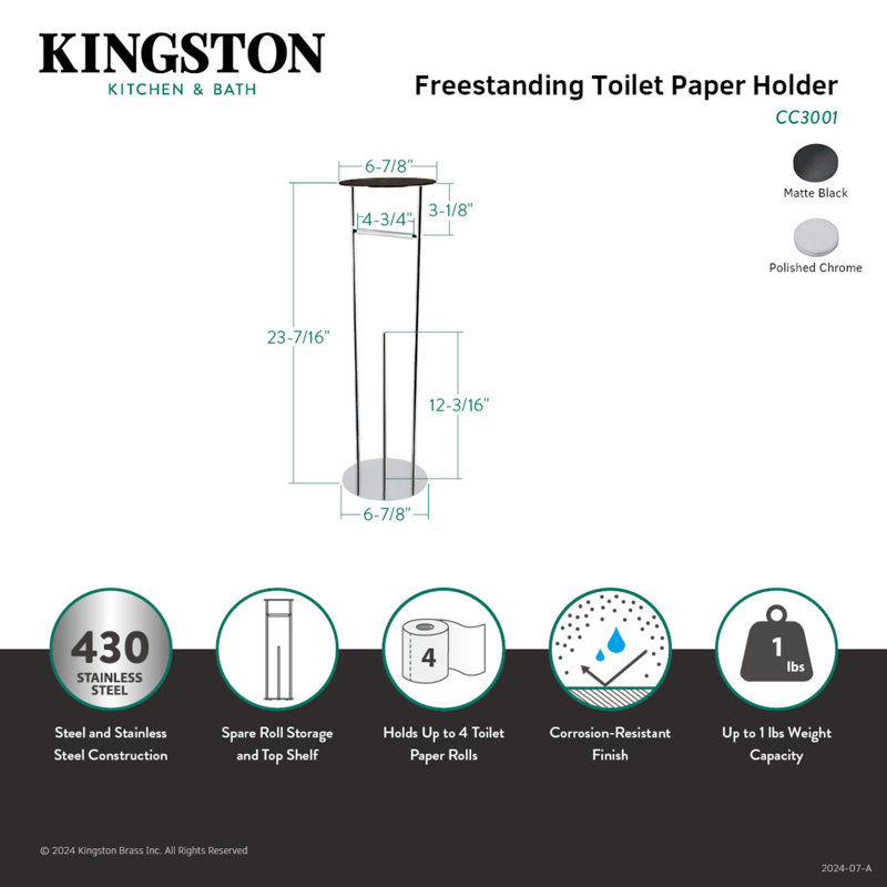 Kingston Brass Dessau Freestanding Toilet Paper Holder with Reserve Storage and Top Shelf, Silver