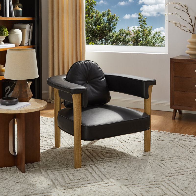 35.43'' W Vintage Genuine Leather Accent Armchair with removable back cushion, Black Genuine Leather, Natural