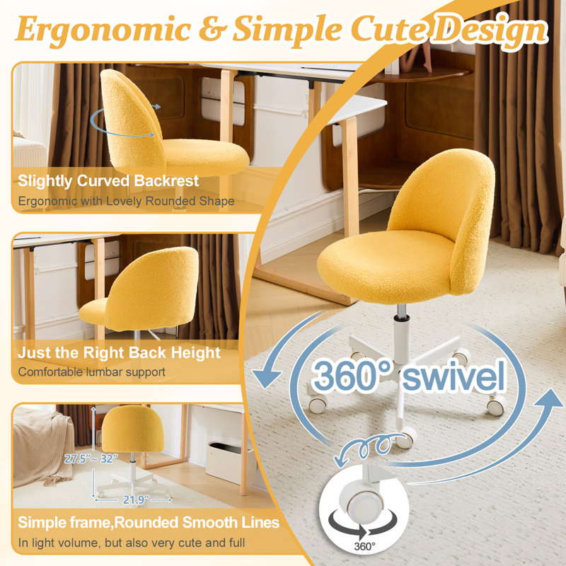 Petit fauteuil de bureau ergonomique en molleton Modern Teddy, Jaune oie