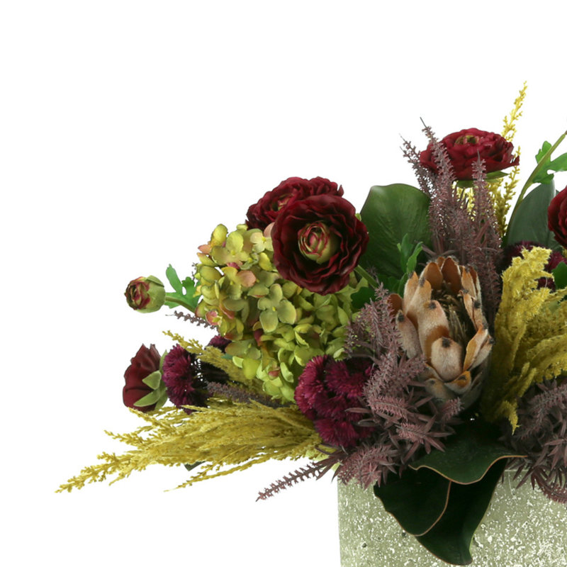 Hydrangea, Ranunculus and Protea in Grey Pot