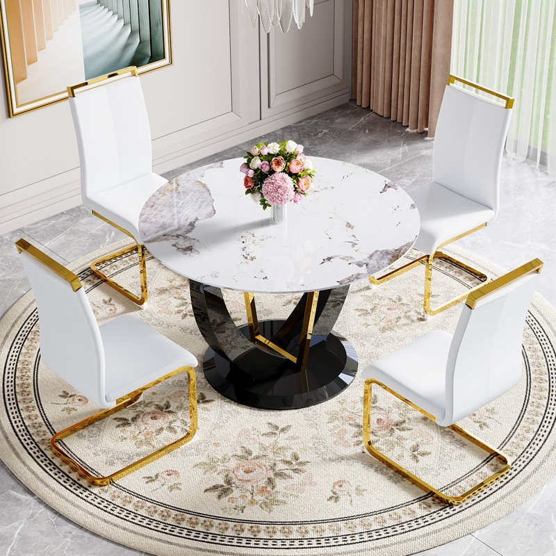Round Dining Table Set, White, 5 Pieces: Table, 4 Chairs
