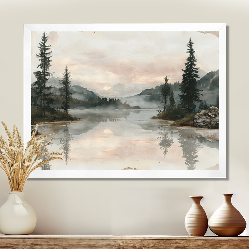 Art mural rétro pour la forêt par le lac II, H 30 po x l 40 po, Cadre simple, Blanc