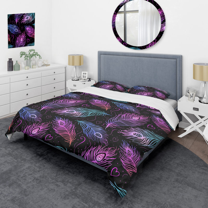 Ensemble de housse de couette en microfibre mauve / noir / bleu 3 pièces, Housse de couette double et 2 taies décoratives s