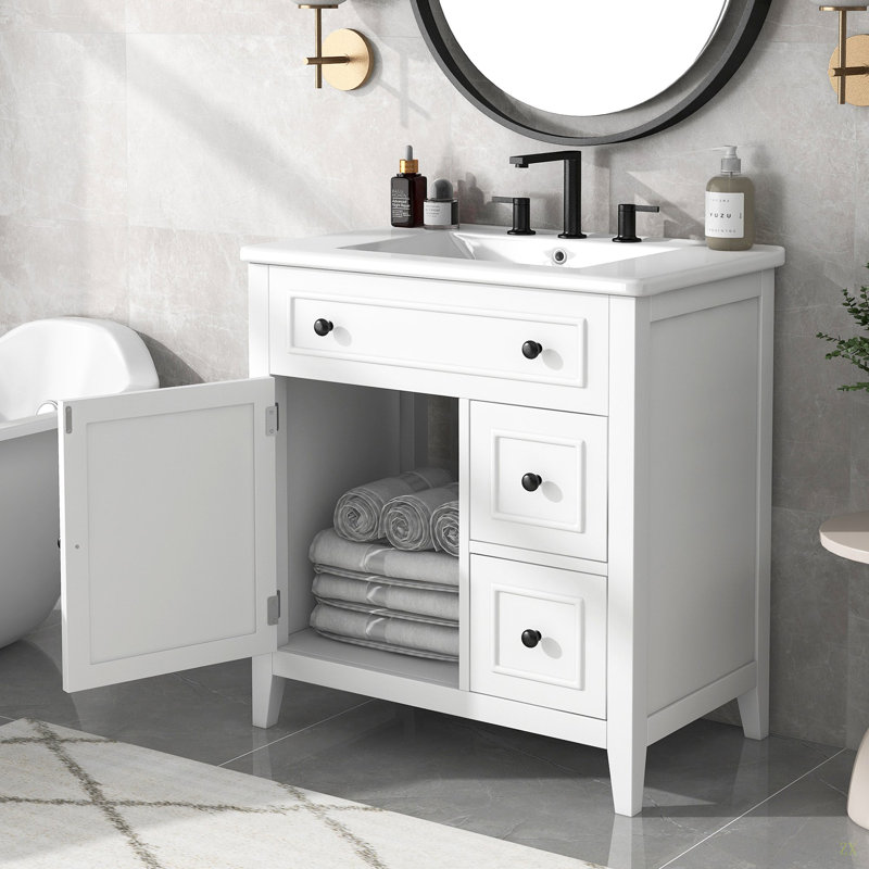 Meuble-lavabo 30 po avec comptoir, meuble-lavabo avec porte et deux tiroirs, structure en bois massif, un paquet
