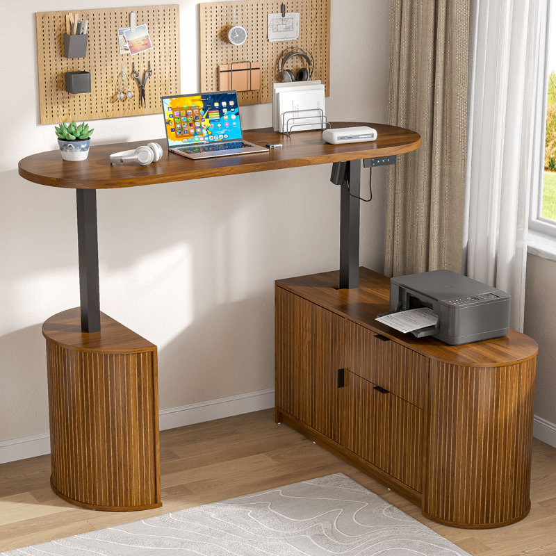 Electric L Shaped Standing Desk, 59 Inch Corner Sit Stand Up Desk With Drawer And 2 Cabinet, Mid Century Modern Adjustable Height Computer Desk For Home Office