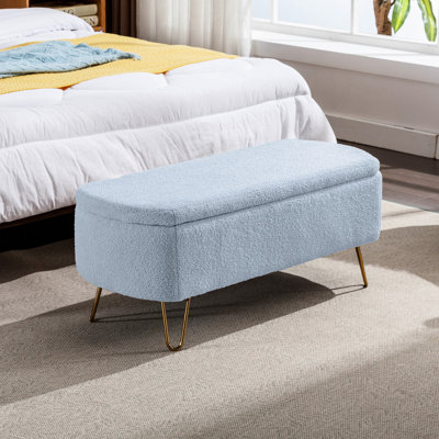 Banc bleu avec repose-pieds avec pieds dorés, banc d'entrée en fausse fourrure gris moderne rembourré avec rangement pour le salon et la chambre à coucher