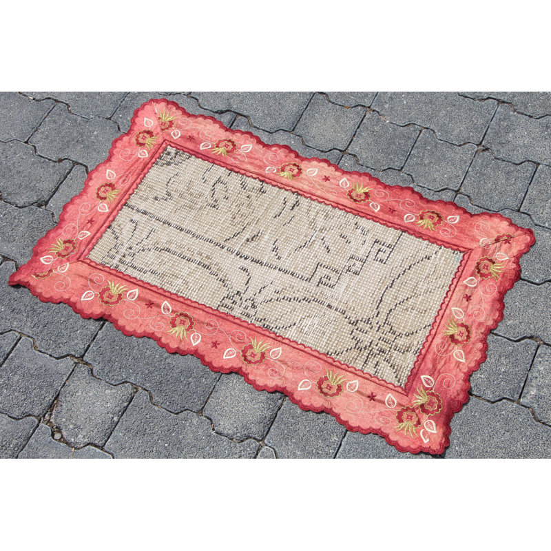 Vintage Turkish Oushak Rug: Colorful Hand-Knotted Wool Entry Mat with Faded Black Design