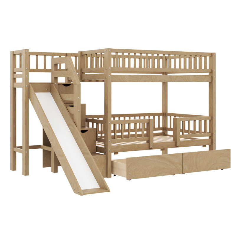 Lit superposé en bois avec escalier de rangement, glissade et tiroirs intégrés