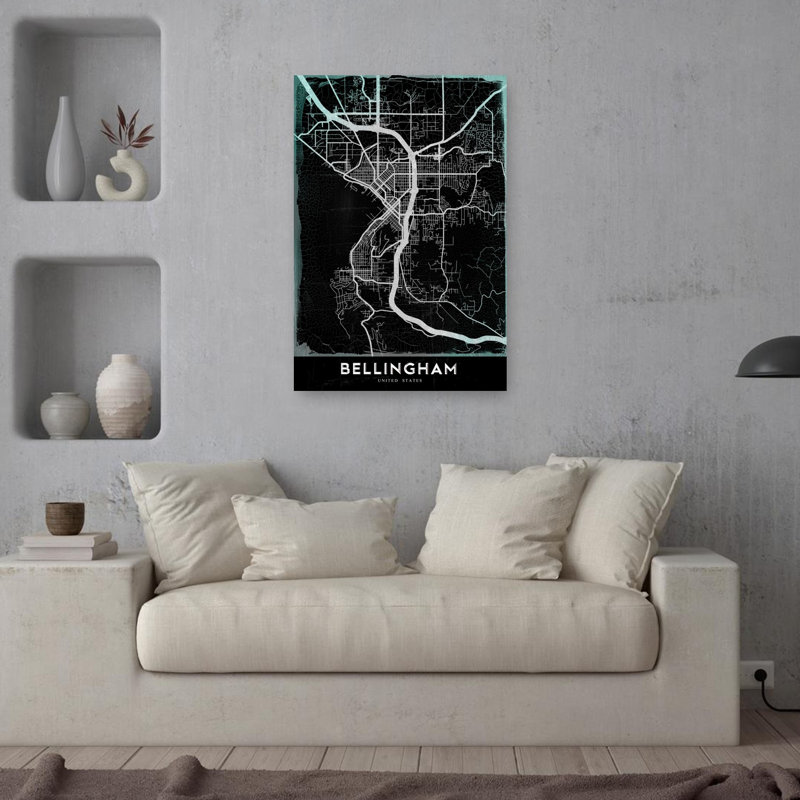 Carte sombre de Bellingham - Affiche murale contemporaine, H 36 po x l 24 po