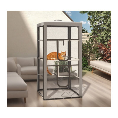Grand enclos extérieur pour chat avec cadre en acier et panneaux grillagés, gris