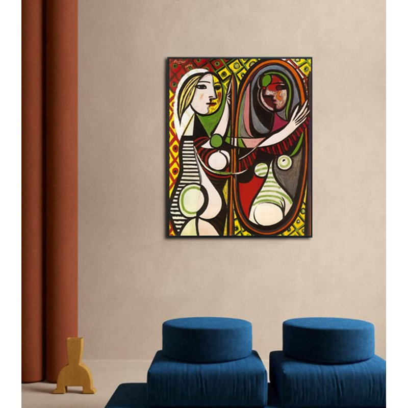 Reproduction de giclée sur toile encadrée, "Fille devant un miroir" par Pablo Picasso, art mural, décorations de bureau à domicile (cadre mince noir, 24 po x 32 po)