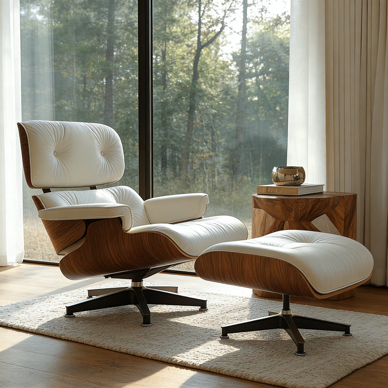 Leather Lounge Chair with Ottoman, Solid Wood Frame and Heavy-Duty Aluminum Alloy Base, White PU/Dark Walnut