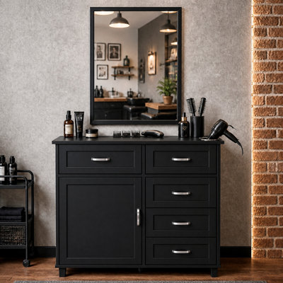 Salon Station with Metal Fram Mirror, Barber Cabinet with Wall-Mount or Cabinet-Mount Mirror, Styling Station with Drawers & Storage Cabinet for Hair Salon, Barber Shop, Beauty Spa,Black
