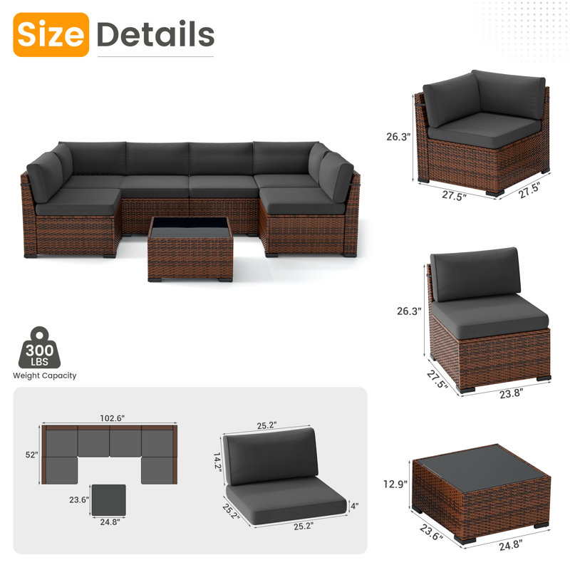 Treyshun 7 Piece Wicker Outdoor Modular Sectional Seating Group with Optional Fire Pit Table, Charcoal, No