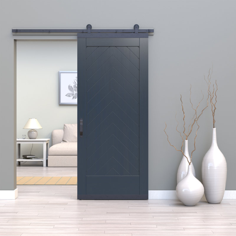 Porte de grange coulissante en bois d'érable à 1 panneau avec quincaillerie Karona, Bleu maritime, 36 po x 80 po