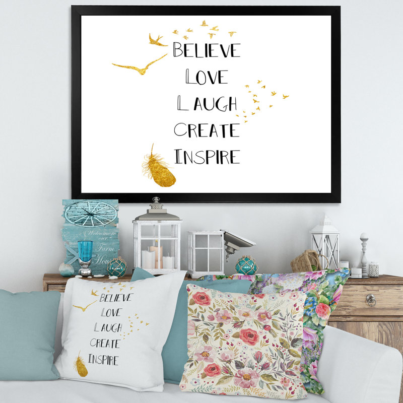 Citation inspirante sur blanc et or - Art textuel sur toile, H 12 po x l 20 po x P 1,5 po, Toile avec cadre noir